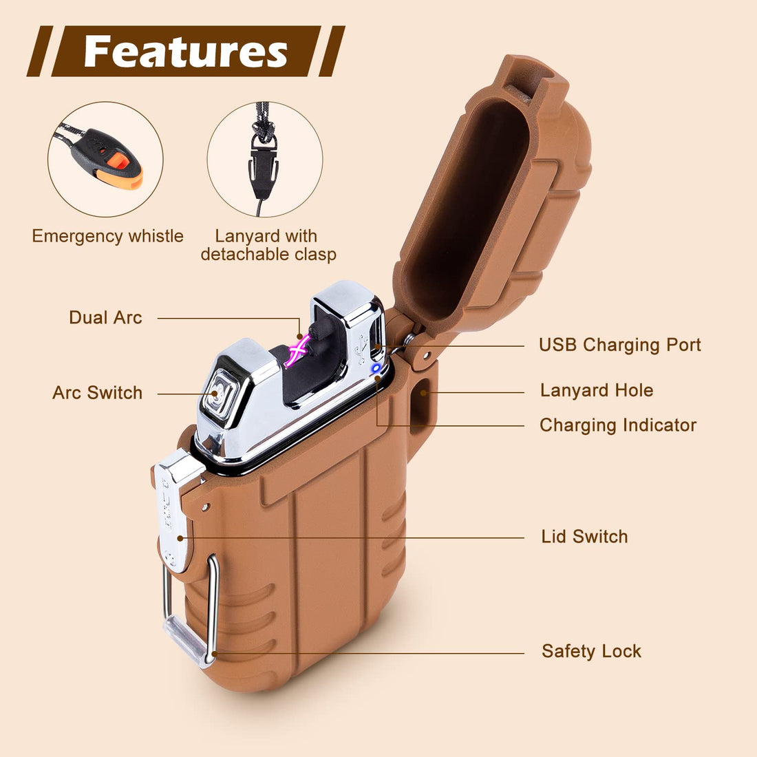 LcFun Electric Lighter USB Rechargeable Lighter Dual Arc Plasma lighters Waterproof-Windproof-Flameless-Cool Lighters with Whistle for Camping,Hiking,Adventure,Survival Tactical Gear (Brown)
