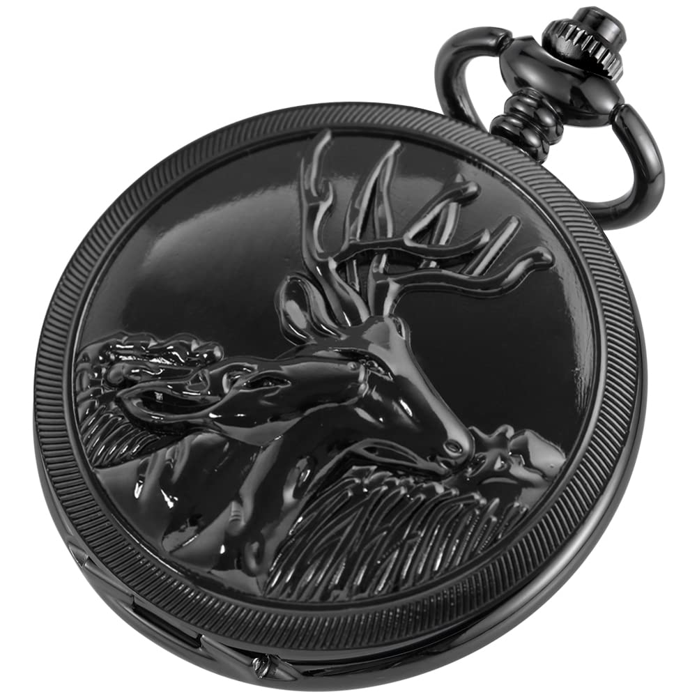 Alwesam Exquisitely Deer Pattern Mechanical Hand Wind Pocket Watch Roman Numerals Scale Steampunk with Chain Box, black-D