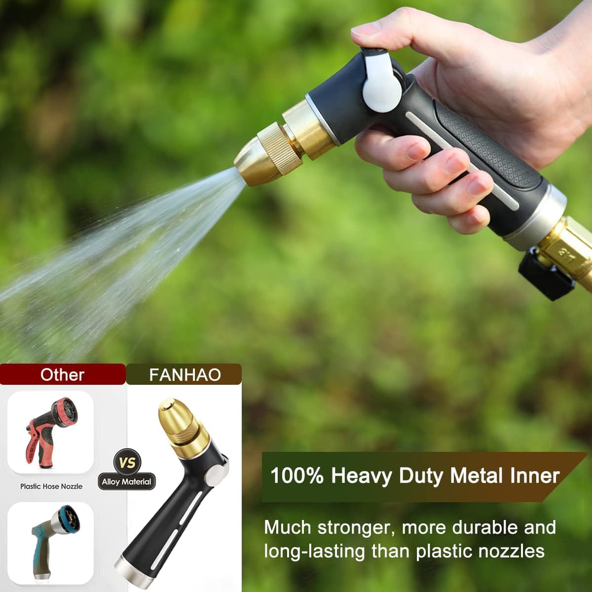 FANHAO Garden Hose Nozzle with High Pressure Jet, 100% Heavy Duty Metal Water Hose Sprayer, Thumb Flow Control, On Off Valve, 4 Spray Patterns for Garden Watering, Car and Pet Washing