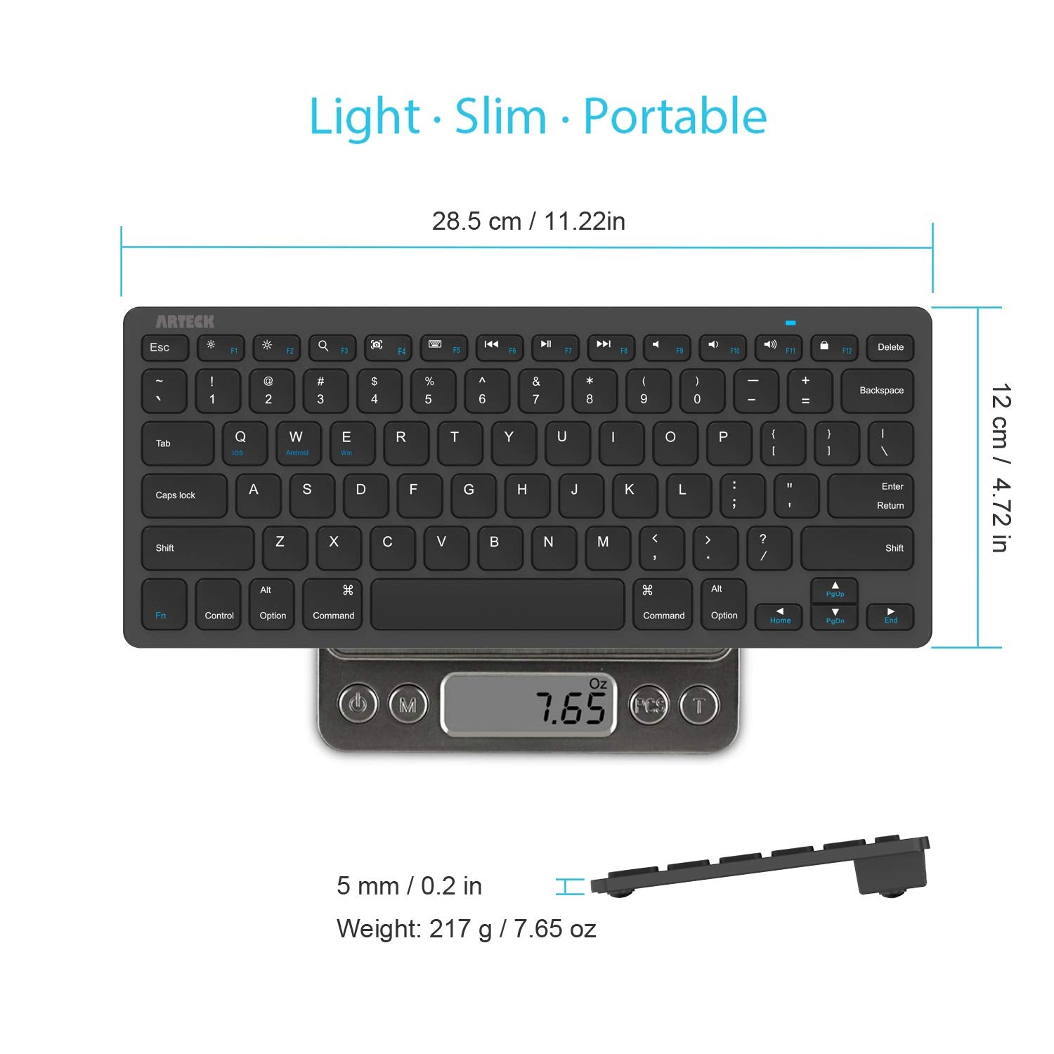 Arteck Ultra-Slim Bluetooth Keyboard Compatible with 2018 iPad Pro 11/12.9, New iPad 9.7 Inch, iPad Air, iPad Mini, iPhone and Other Bluetooth Enabled Devices Including iOS, Android, Windows, Black