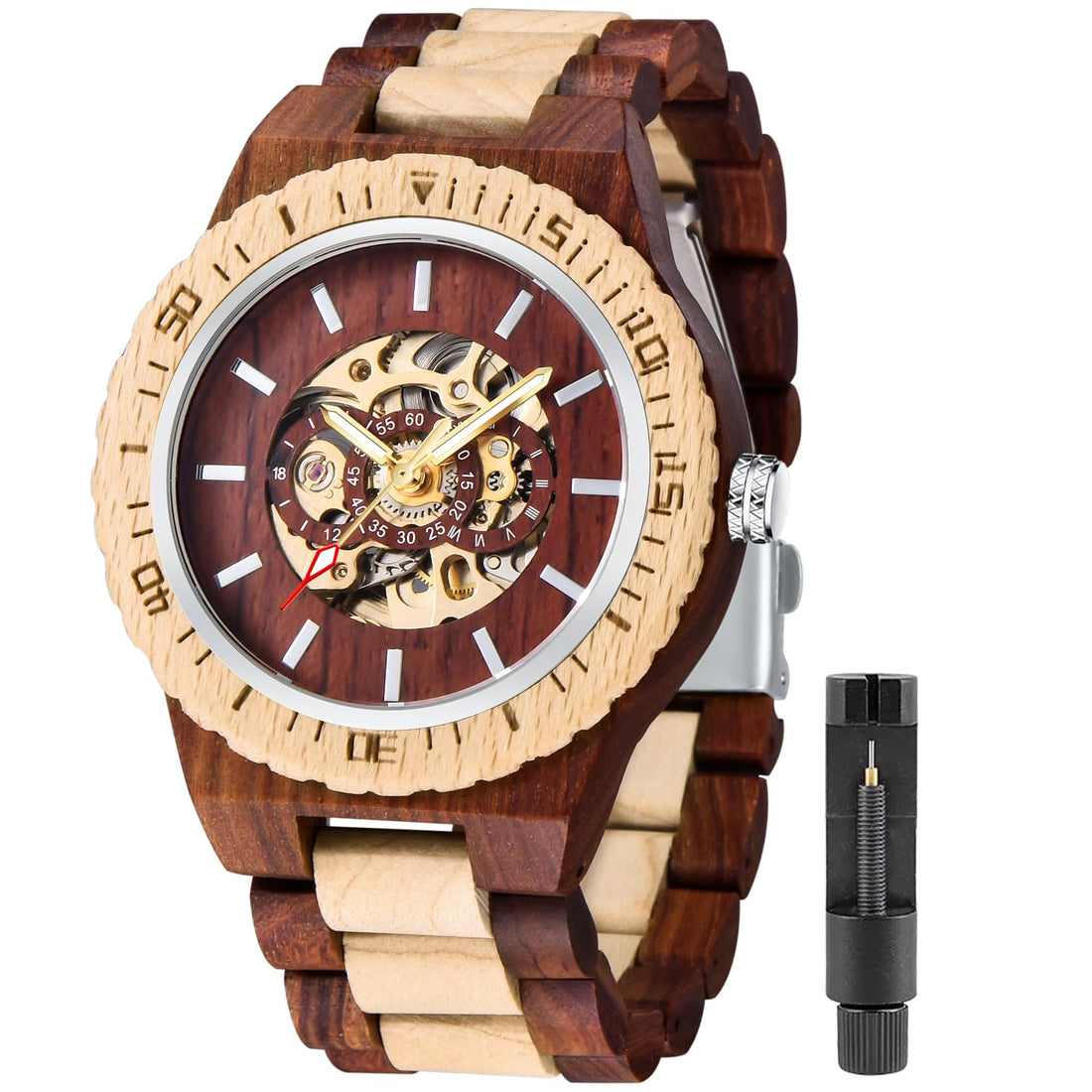 Tiong Red and White Wooden Mechanical Movement Watch for Men,Hollow Out No Scale Digital Dial, Wooden Band Glow Pointer Men's Mechanical Watch -Red and White, M811-red white