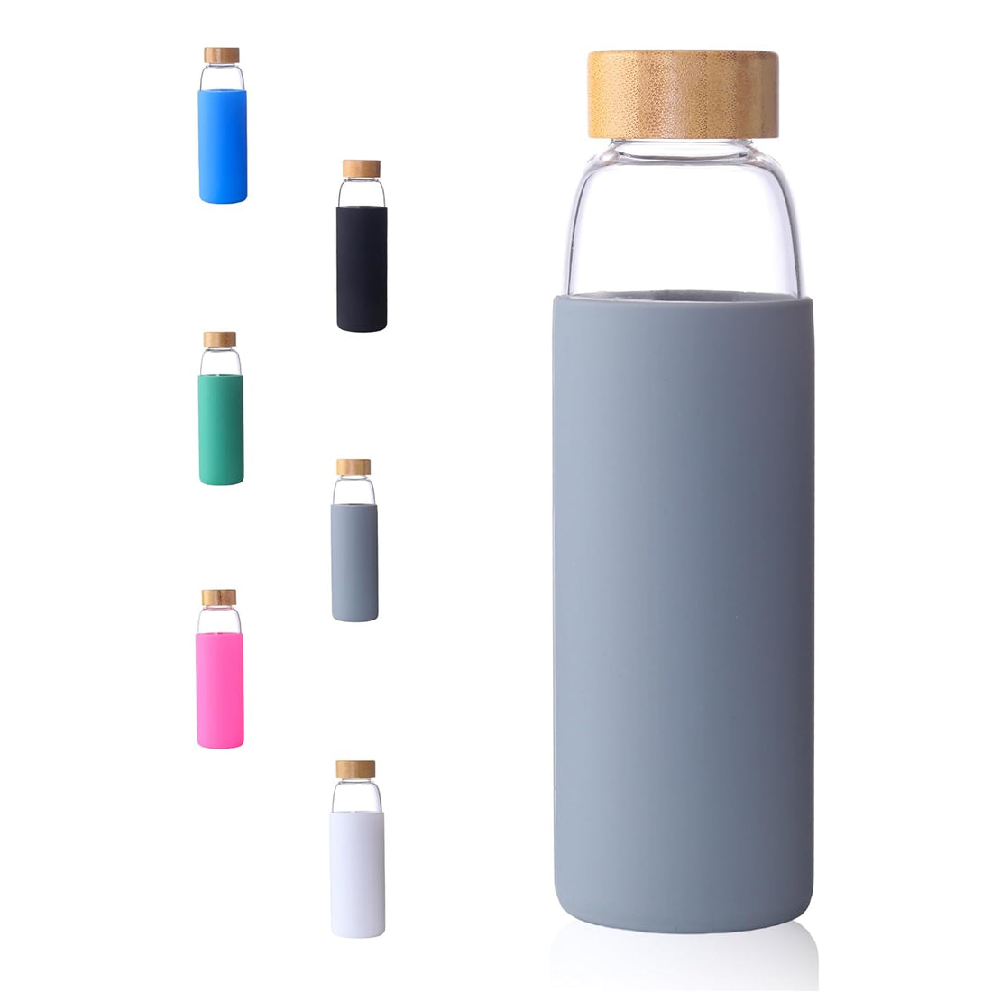 Laster Glass Water Bottle 20 Oz, 600 ml, made of Borosilicate Glass, 1 Bamboo & 1 Stainless Steel Lid, BPA Free, Non-Slip Silicone Sleeve (Grey)