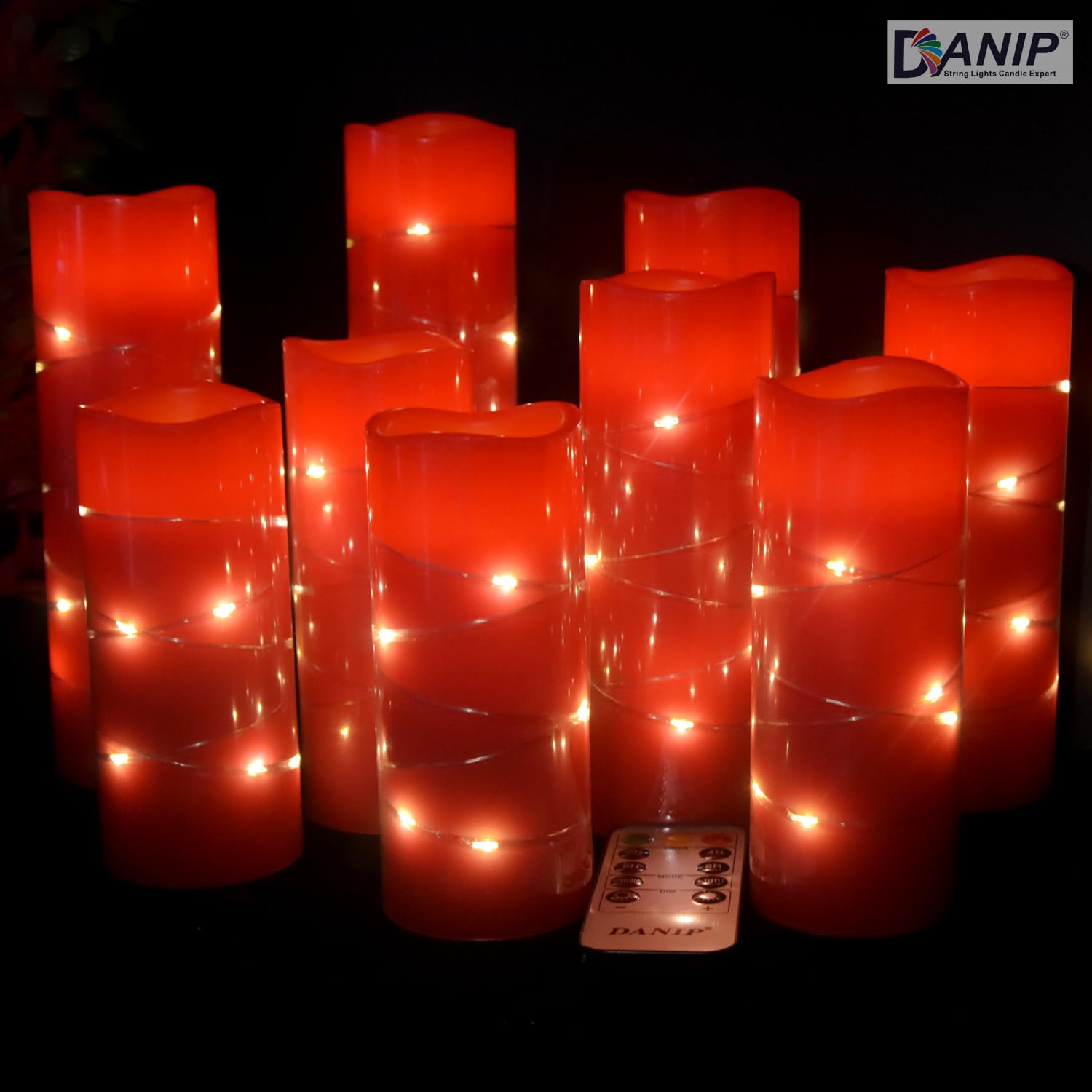 DANIP red flameless Candle, Built-in Star Cluster, 9 LED Candles, 11 Button Remote Control, 24-Hour Cycle Timer, Flashing Flame, Real Wax, Battery Powered. (Starry Sky Series)