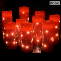 DANIP red flameless Candle, Built-in Star Cluster, 9 LED Candles, 11 Button Remote Control, 24-Hour Cycle Timer, Flashing Flame, Real Wax, Battery Powered. (Starry Sky Series)