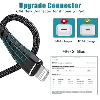 RJJ 20W USB C to Lightning Cable Fast Charging 【2Pack-10ft】 MFi Certified Nylon Braided Type C Quick Charger Cable USB-C High Speed Charging for iPhone 13 12 11/Mini/Pro/ProMax/iPad 8 -Black