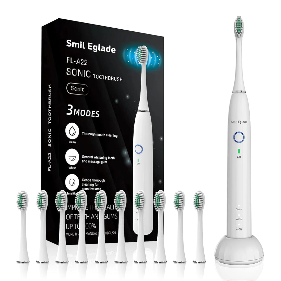 Smil Eglade Sonic Electronic Toothbrush for Adults - 10 Brush Heads Sonicare Power Toothbrush，2 Minute Smart Timer Wireless Recyclable Toothbrush 4 Hours Last 40 Days（White）