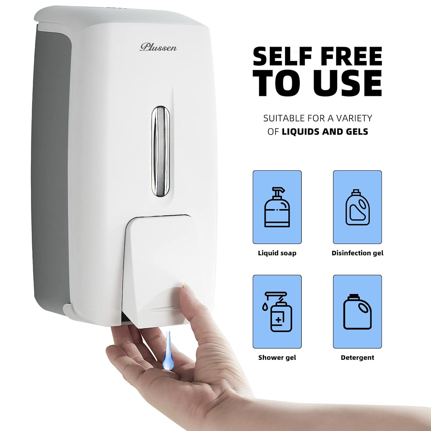 PLUSSEN Soap Dispenser Wall Mount, Adhesive No Drill Commercial Hand Soap Dispenser 800ml Hand Sanitizer Dispenser for Liquid/Gel Soap Bathroom Kitchen (White-1)