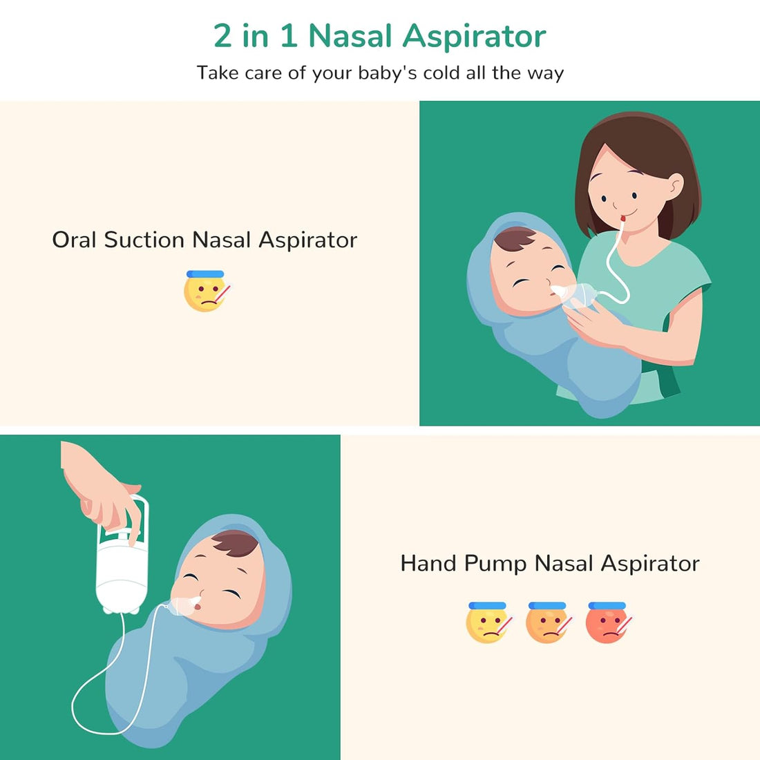 GROWNSY Nasal Aspirator for Baby, Hand Pump ＆ Oral Suction 2 in 1 Baby Nasal Aspirator and Baby Nose Sucker, with 30 Hygiene Filters and a Convenient Storage Travel Case