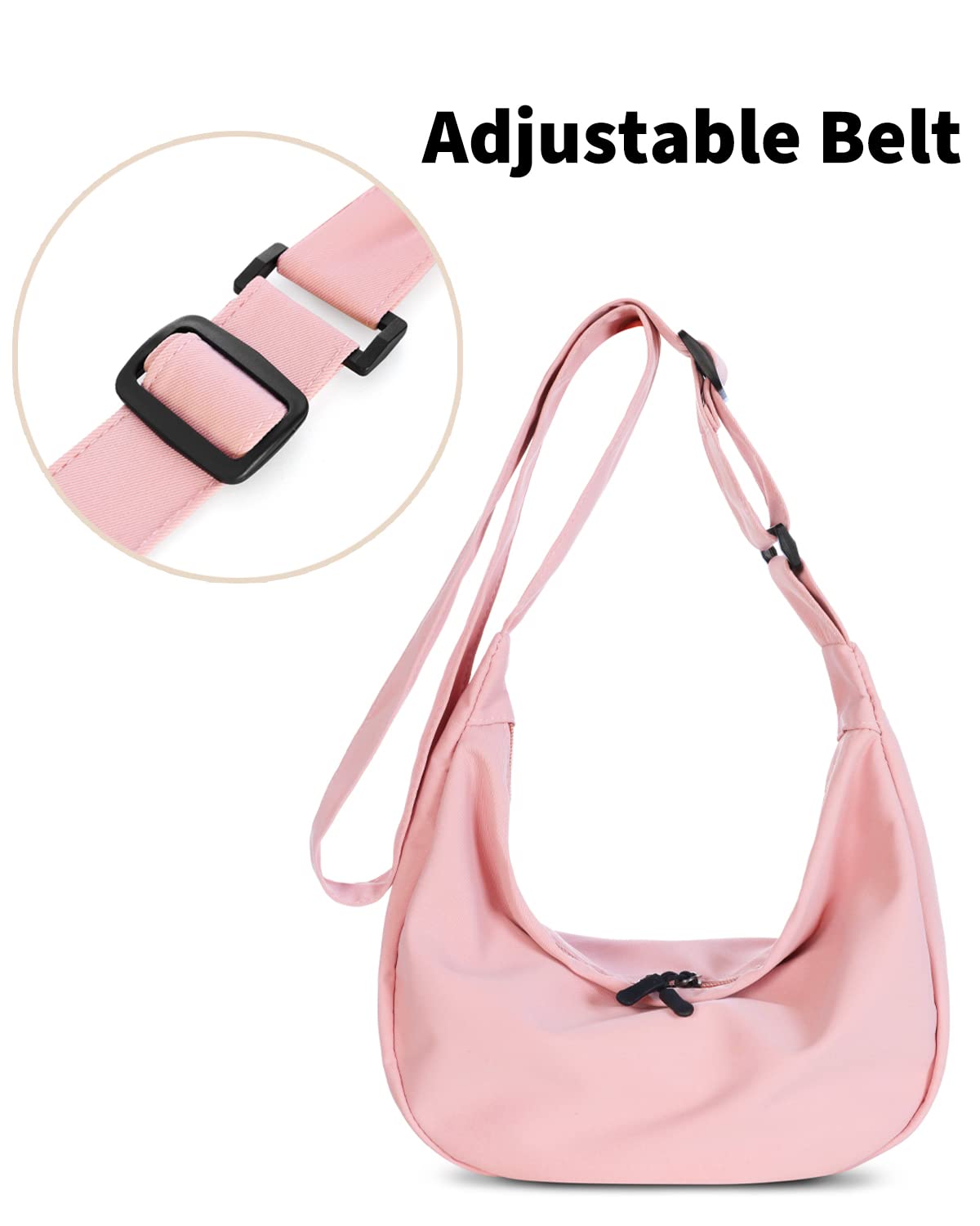 Small Sling Crossbody Bag for women man, Small Crescent Bag with Adjustable Strap, 2- Zipper Lightweight Nylon Shoulder Bag for School Sport Causal Travel Hiking Workout, Pink
