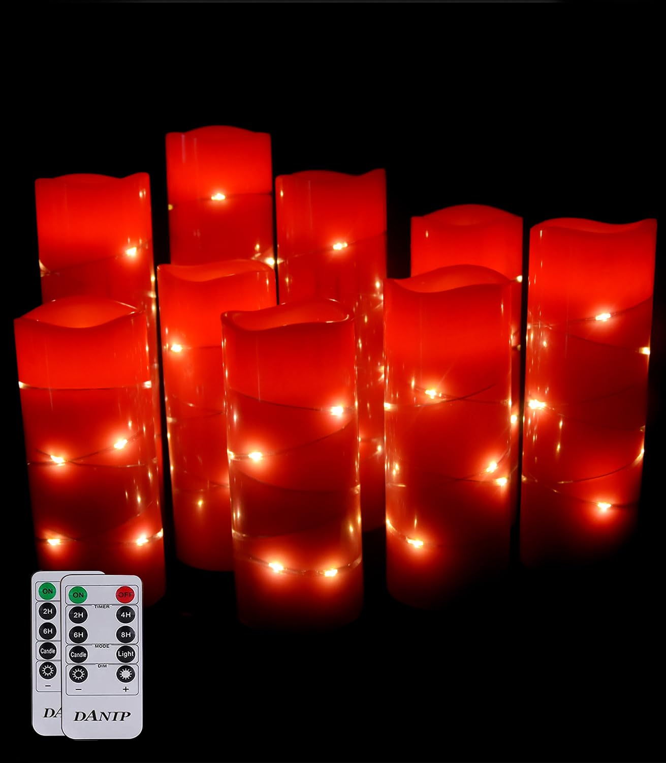 DANIP red flameless Candle, Built-in Star Cluster, 9 LED Candles, 11 Button Remote Control, 24-Hour Cycle Timer, Flashing Flame, Real Wax, Battery Powered. (Starry Sky Series)