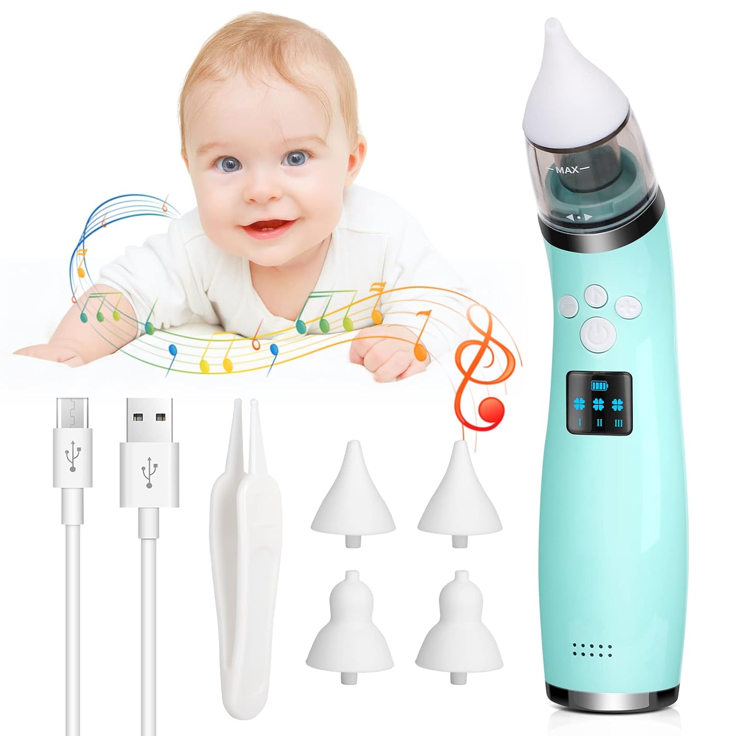 Baby Nasal Aspirator, Electric Nose Sucker for Toddlers, Automatic Snot Remover with 4 Silicone Tips & 3 Suction Levels, Rechargeable Newborn Booger Cleaner with Music Function for Infants