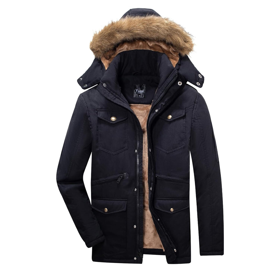 Yozai Mens Winter Military Warm Jacket Fleece Coat with Detachable Fur Hood Outwear Black Medium