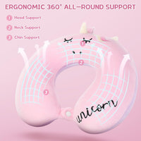 Kids Neck Pillow, Unicorn Kids Travel Pillow, Toddler Neck Pillow for Traveling with Eye Mask, Travel Essentials for Road Trip Airplane Car Seat, Cute Headrest Memory Foam Pillow for Gift (Pink)