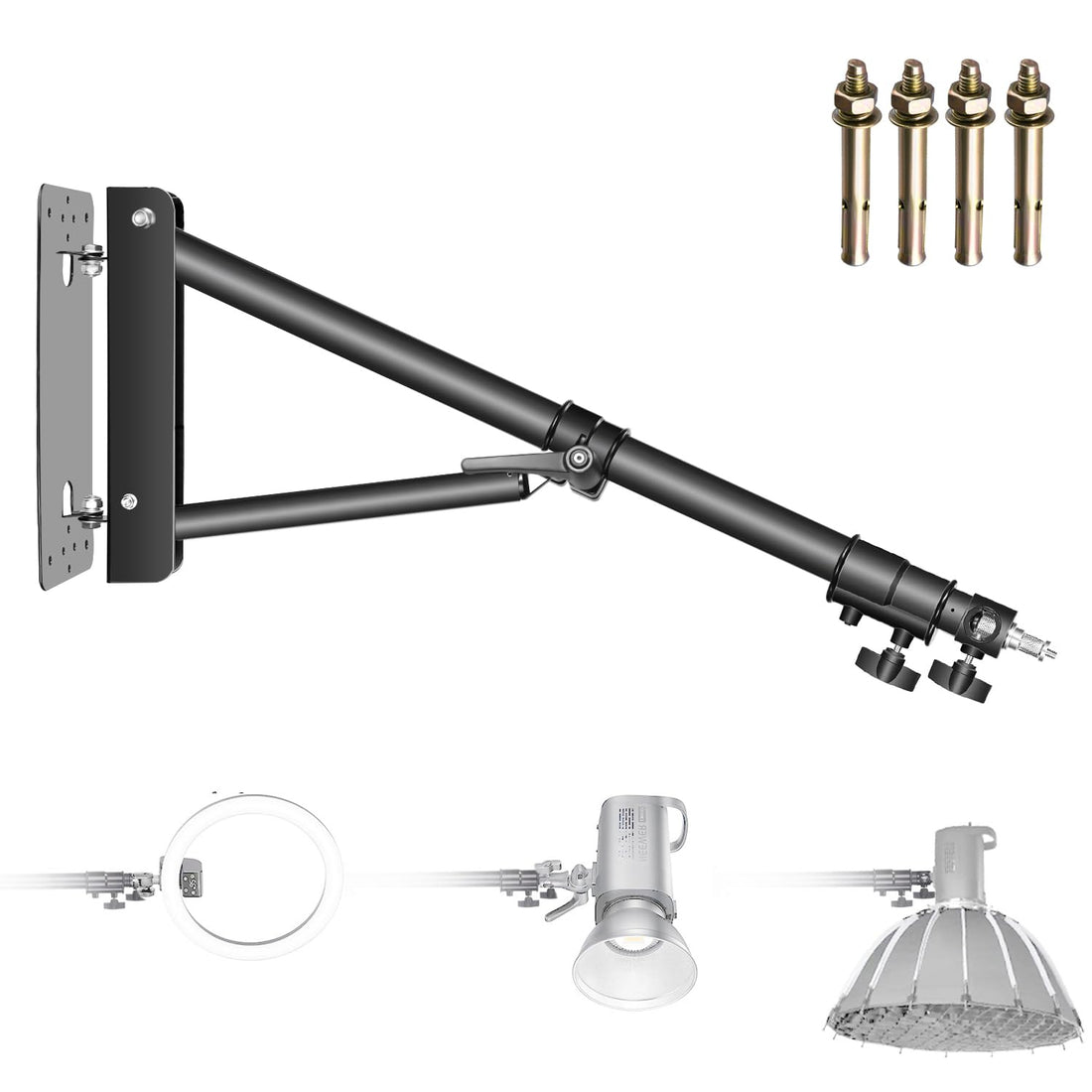 Neewer Triangle Wall Mounting Boom Arm for Photography Studio Video Strobe Lights Monolights Softboxes Umbrellas Reflectors,180 Degree Flexible Rotation,Max Length 70.8 inches/180 Centimeters (Black)
