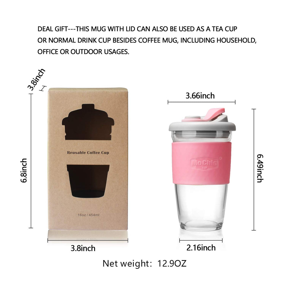 MOCHIC CUP Glass Travel Mug with Lid Reusable Coffee Cup Dishwasher and Microwave Safe Portable Durable Drinking Tumbler Eco-Friendly and BPA-Free (Pink,16 OZ)