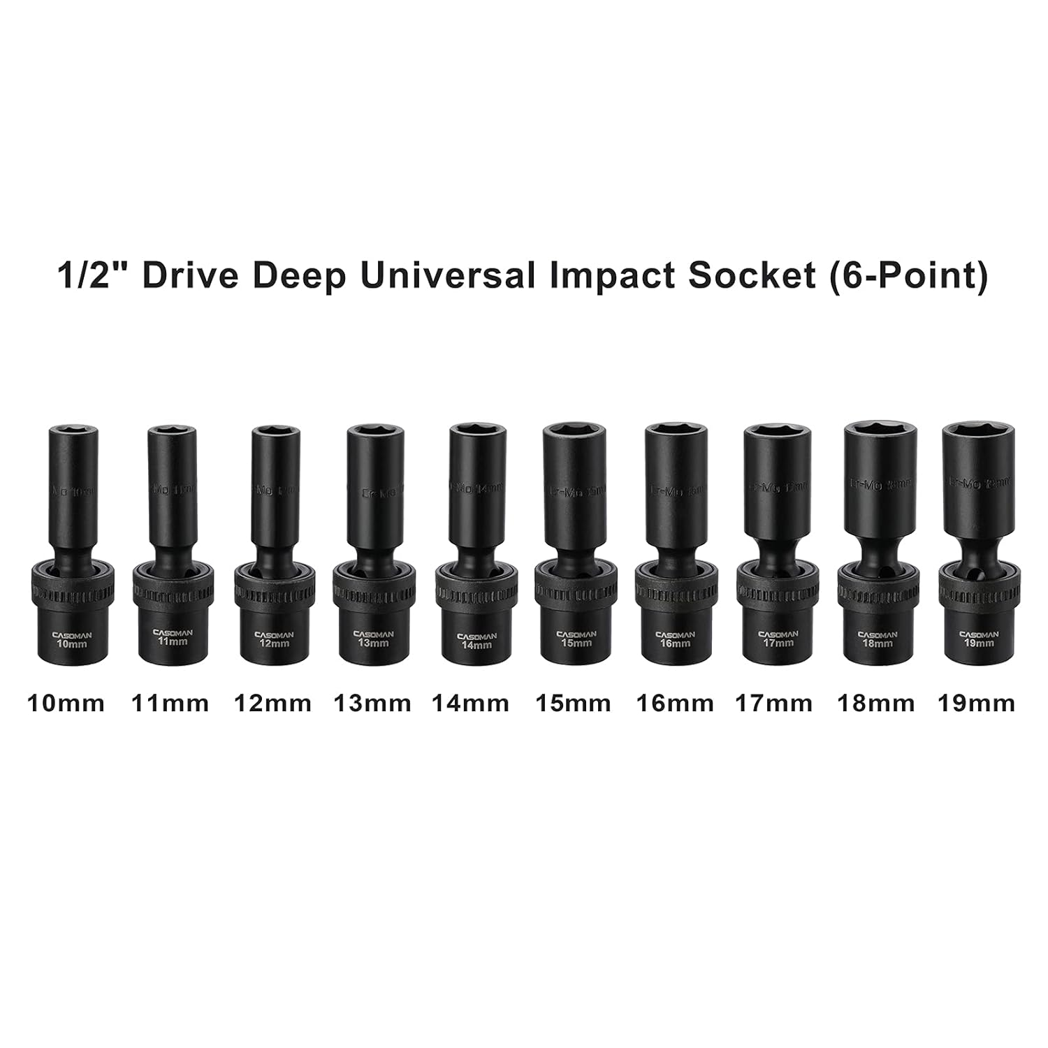CASOMAN 10 PCS 1/2" Drive Deep Universal Impact Socket Set, Metric,10-19mm