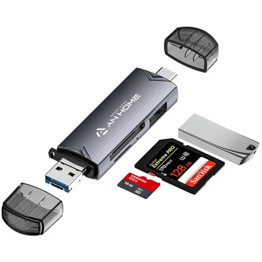 AnHome SD Card Reader, 6 in 1 OTG Connector USB 3.0/USB C/Micro USB Supports SD/Micro SD/SDXC/SDHC/MMC/RS-MMC/UHS-I, Compatible with MacBook/iPad Pro, Android Phone, PC, Laptop etc
