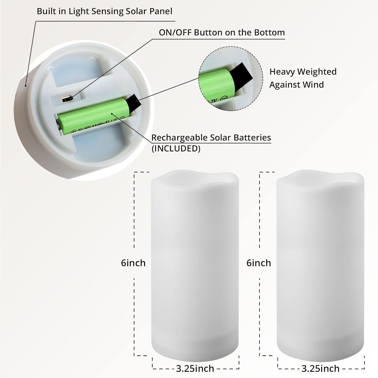NURADA Large Outdoor Solar Powered Candles - Flameless Pillar Waterproof Rechargeable Candle Set, White Resin, LED Light, Rechargeable Solar Battery Included, Waterproof for Patio Decor 3.25" x 6"