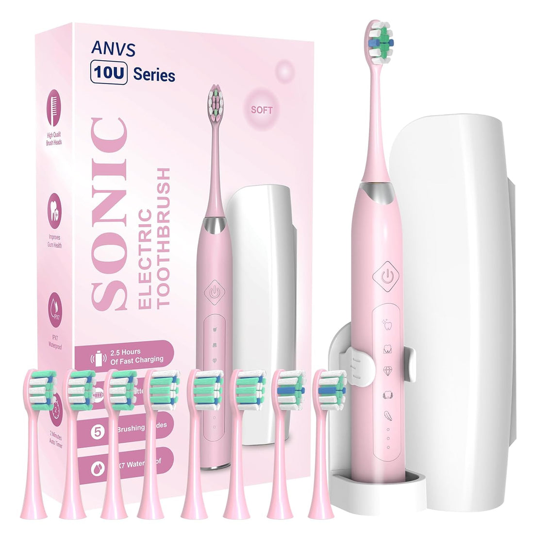 ANVS Sonic Electric Toothbrushes for Adults, 8 Brush Heads Electric Toothbrush Deep Clean 5 Modes, Rechargeable Travel Toothbrushes Fast Charge with 2 Minutes Smart Timer(Pink)