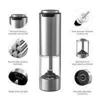 CIRCLE JOY Rechargeable Electric Salt and Pepper Grinder Set with Base, Stainless Steel Pepper Mills with Washable 95ml Container, White LED Light and Adjustable Coarseness, Silver