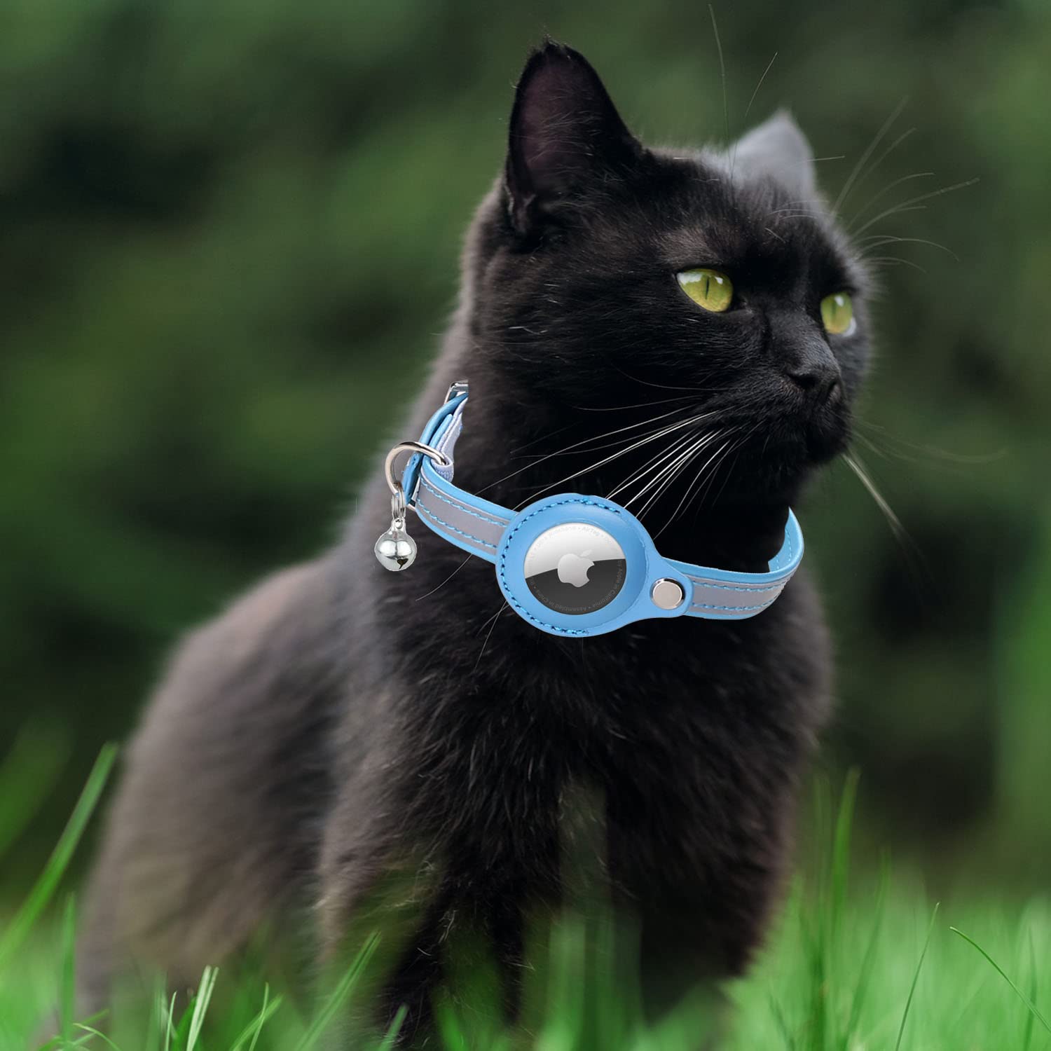 WAPSAT Airtag Cat Collar, Cat Collar with Bells, Reflective GPS Cat Collar, Anti-Lost Cat Tracker Collar Adjustable Leather Cat Collar for Boy Girl Cats or Small Dogs, Kittens and Puppies (S, Blue)