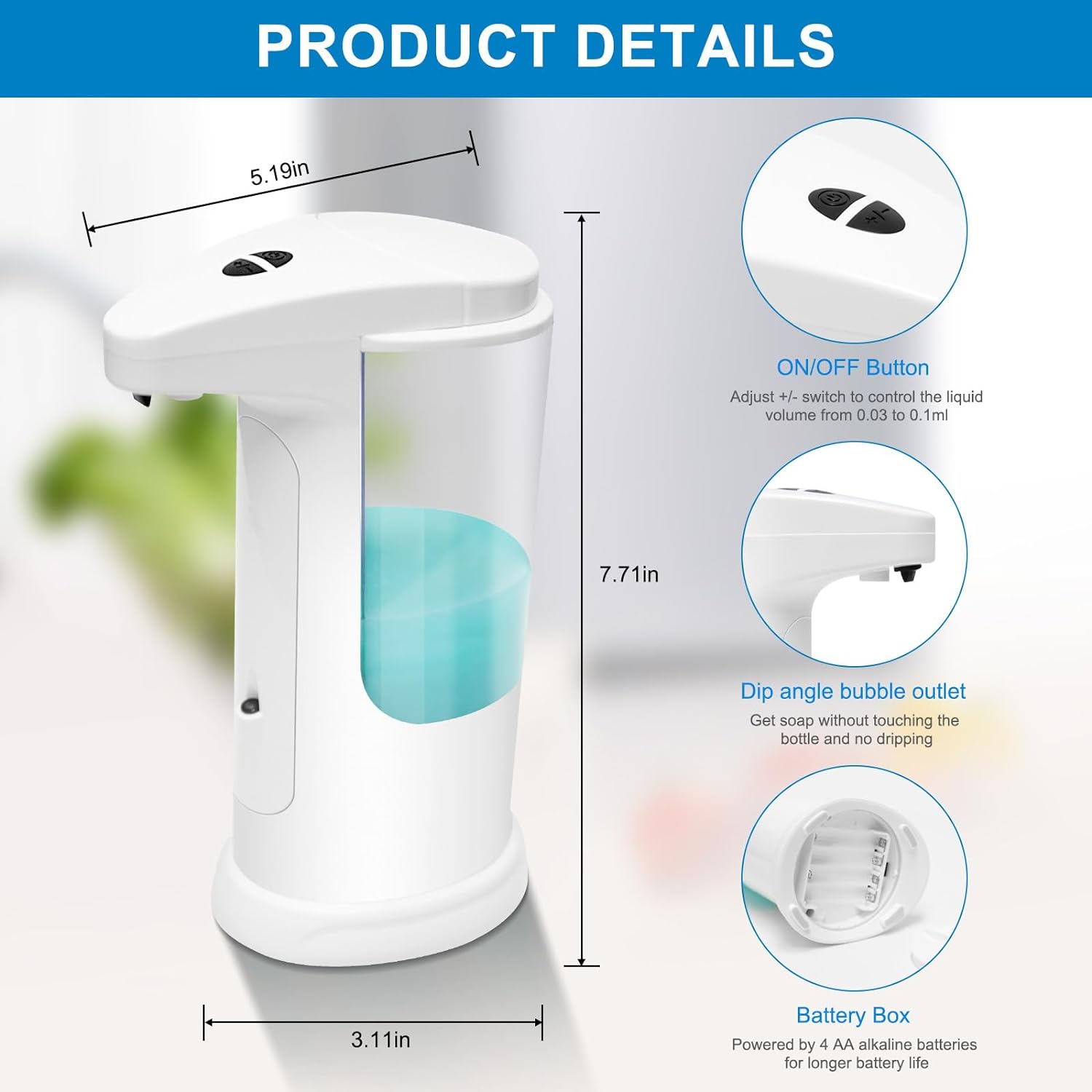 Obsoorth Automatic Soap Dispenser Waterproof Touch-Free 12.5oz Volume Control Adjustable Sensor Soap Pump for Kitchen Sink Bathroom Shower Room (White)