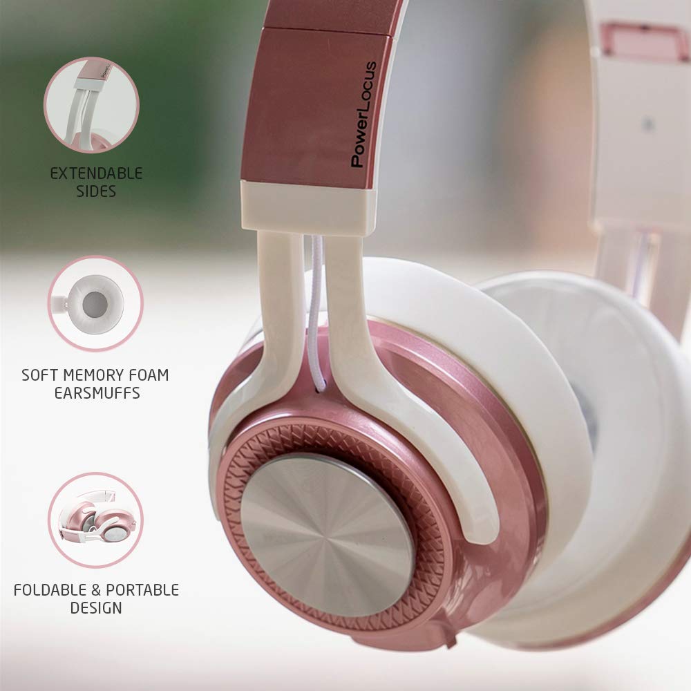 PowerLocus P3 Bluetooth Headphones Over-Ear, [26h Playtime, Bluetooth 5.0] Wireless Hi-Fi Stereo Headphone, Foldable with Mic, Deep Bass, Wired Mode for Cell Phones/Laptop/PC/TV (Rose Gold)