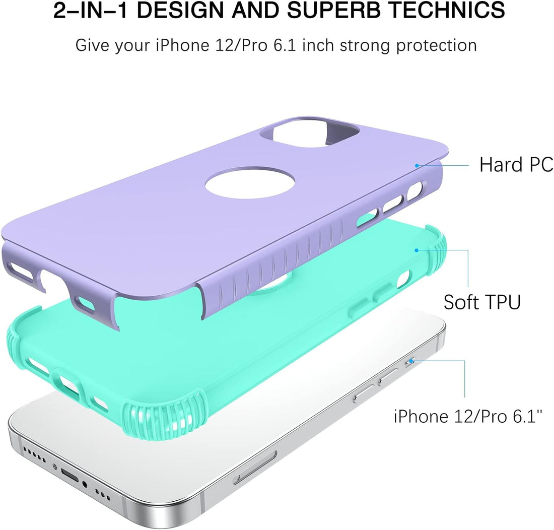 BENTOBEN iPhone 12 Case, Phone Case iPhone 12 Pro, Heavy Duty 2 in 1 Full Body Rugged Shockproof Protection Hybrid Hard PC Bumper Drop Protective Girls Women Boy Cover for iPhone 12/12 Pro,Purple/Mint