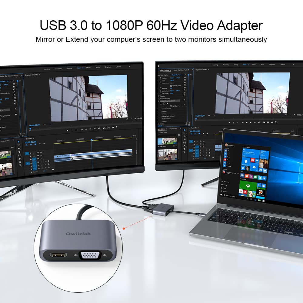 Qwiizlab USB 3.0 to HDMI VGA Adapter, 1080P@60Hz Video Converter, Supports Windows 7/8/10/11 Only, USB-A Data Port