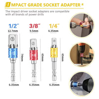 Flexible Drill Bit Extension and Universal Socket Wrench Tool Set, Hex Shank 105° Right Angle Drill Attachmen, 3pcs 1/4 3/8 1/2" Universal Socket Adapter Set and Screwdriver Bit Kit