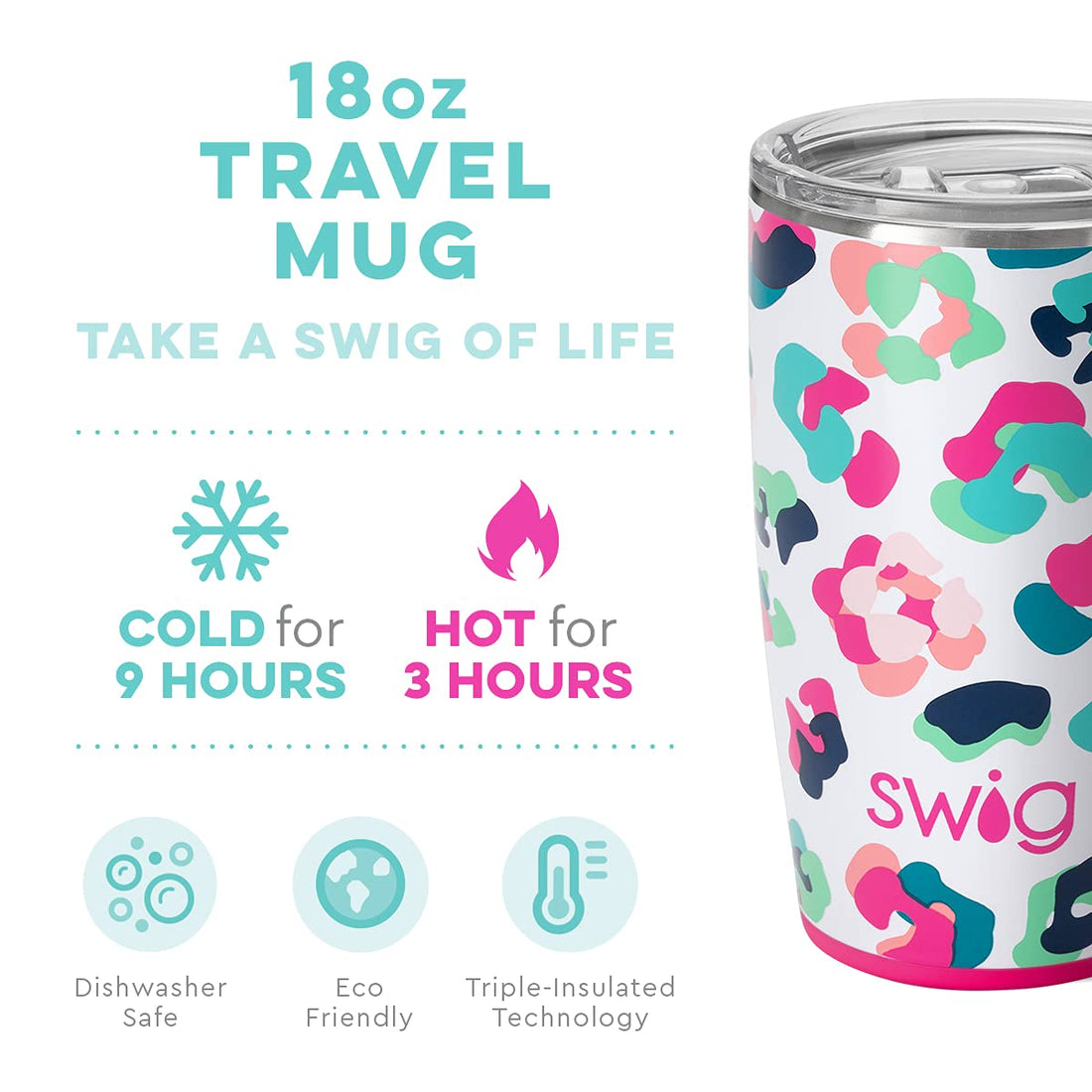 Swig Life Stainless Steel Dishwasher Safe 18oz Travel Mug with Spill Resistant Slider Lid in Party Animal