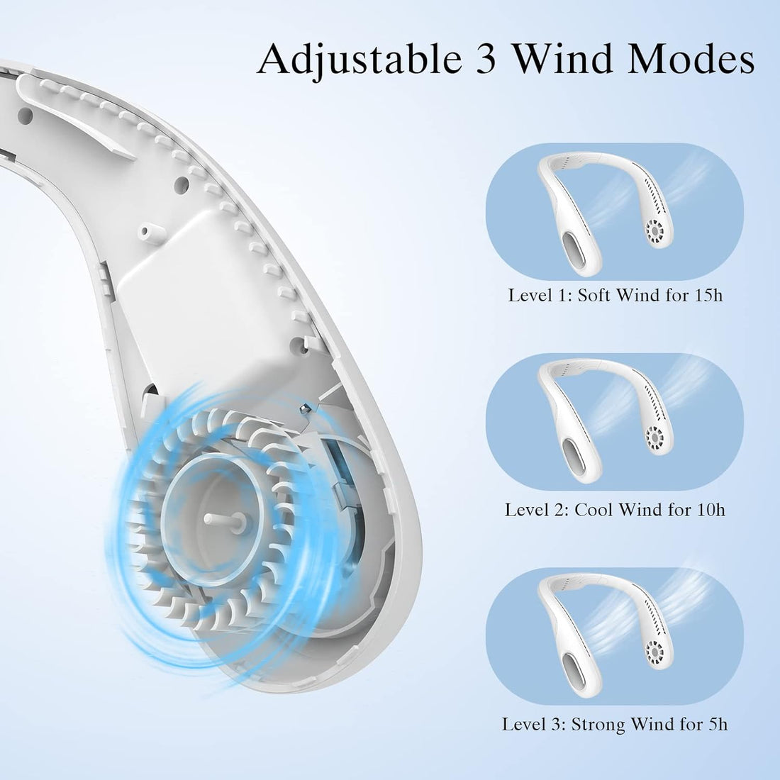 HX HECLX Personal White Neck Fan, Bladeless Personal Cooling Fan, 3 Speeds 5000mAh Battery Powered Rechargeable Fan, Travel USB Fan for Sporting, Climbing, Resting