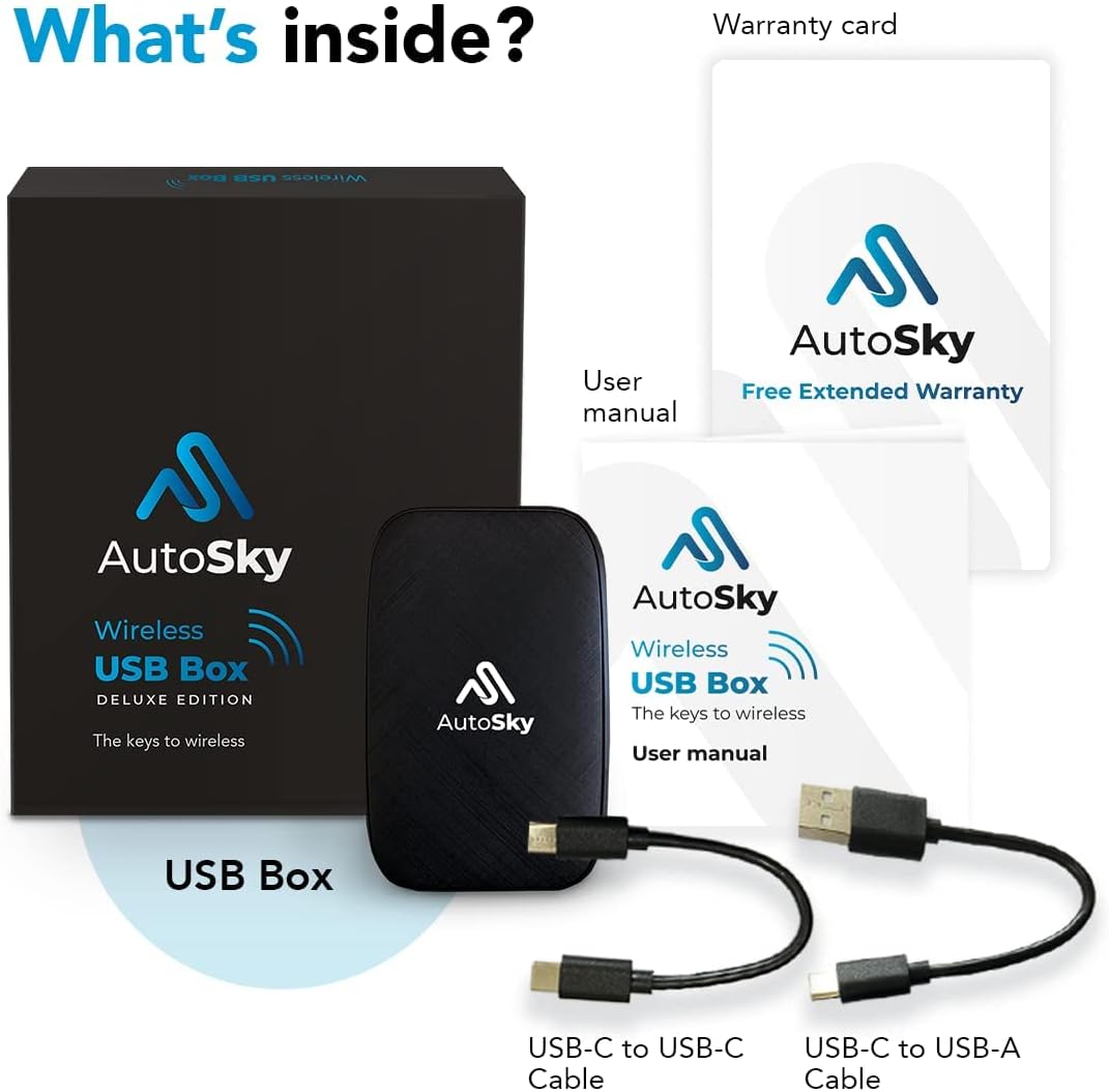 AutoSky Wireless CarPlay and Android Auto AI Box Lite for Factory Wired CarPlay Cars - Supports Netflix and YouTube - Go Wireless CarPlay and Android Auto. Wired CarPlay Required