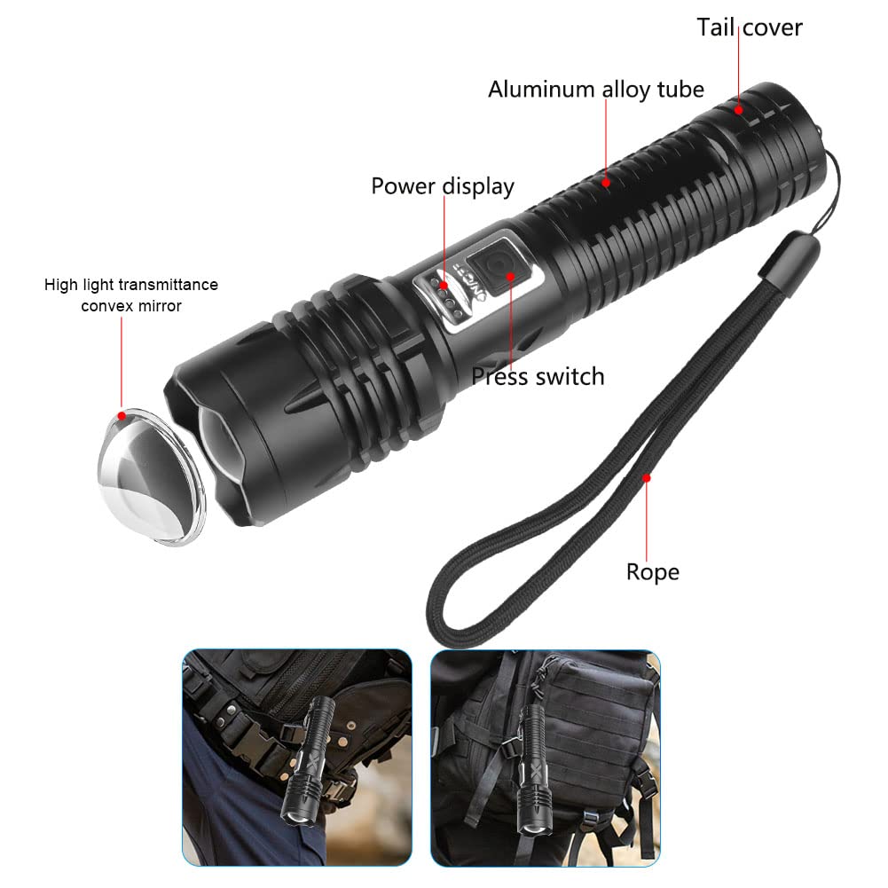 Rechargeable Flashlights High Lumens, Super Bright LED Flashlight with 5 Modes, Zoomable, Waterproof Tactical Handheld Flashlights for Emergencies, Camping, Hiking