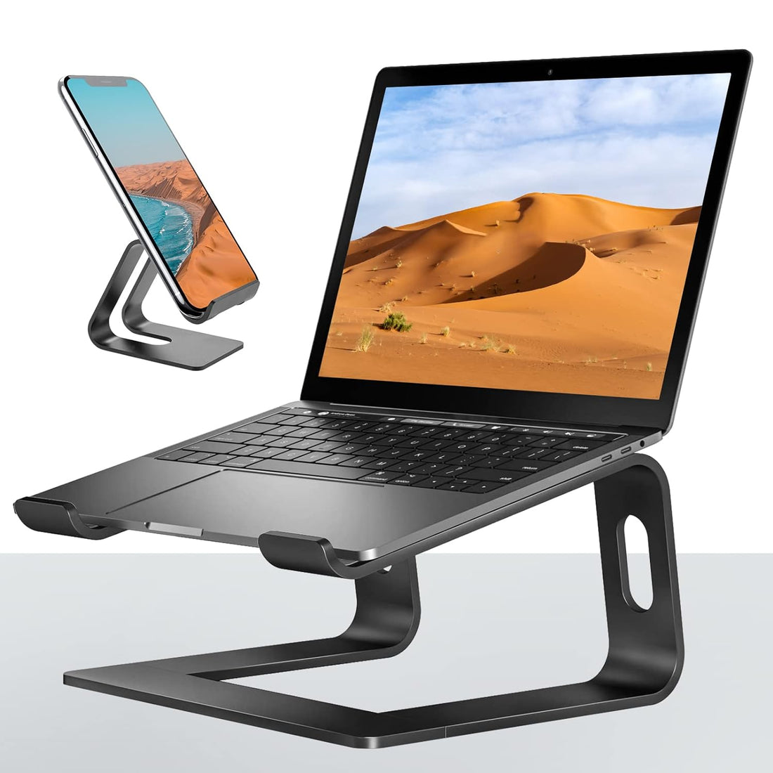 VOCOFO Laptop Stand for Desk Aluminum Laptop Riser Holder,with Cell Phone Stand(Black)