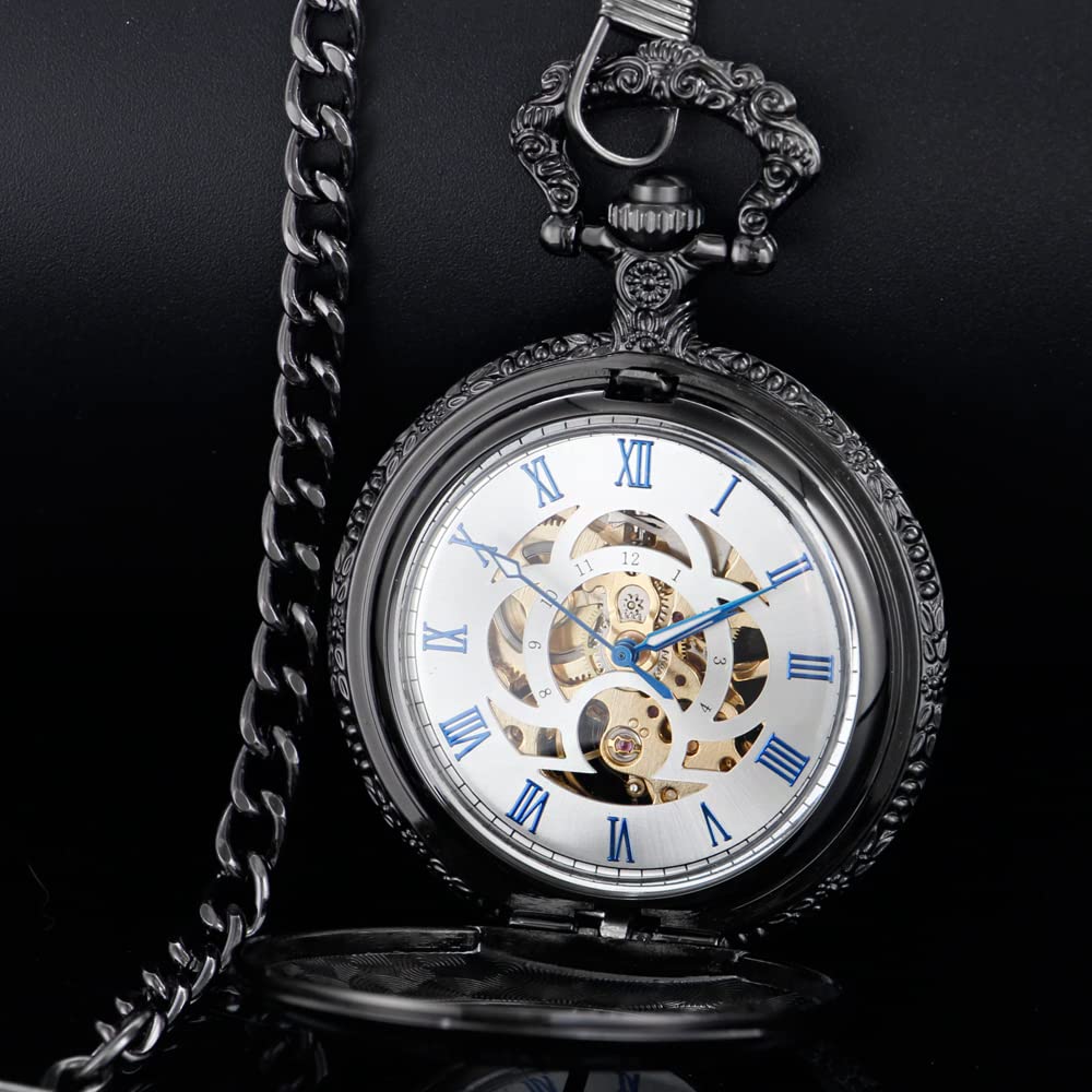 Alwesam Mechanical Hand Wind Pocket Watch Roman Numerals Scale Steampunk with Chain Box