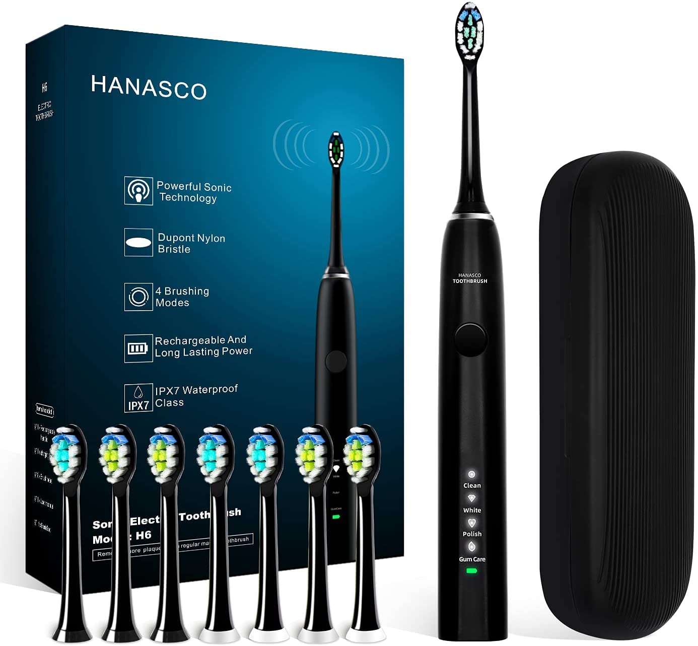 Hanasco Sonic Electric Toothbrush Rechargeable for Adults, 4 Modes with Build in 2 Mins Timer, 3 Brush Heads Included, Whitening Clean 4 Hours Charge for 100 Days Use, Soft Bristles, 40,000 VPM Black