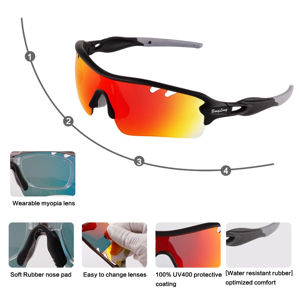 Polarized Sports Sunglasses for Men Women with 5 Interchangeable Lenes for Cycling Sunglasses Running Baseball Golf Softball Driving Finishing