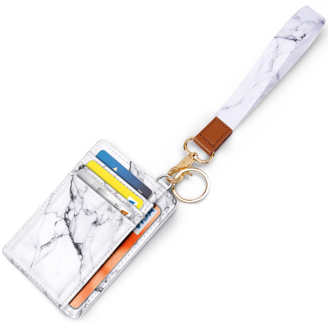 Slim Front Pocket Wallet RFID ID Card Holder Cute Small Wallet with Keychian for Women, Z White Marble+lanyard, Card Holder+Lanyard