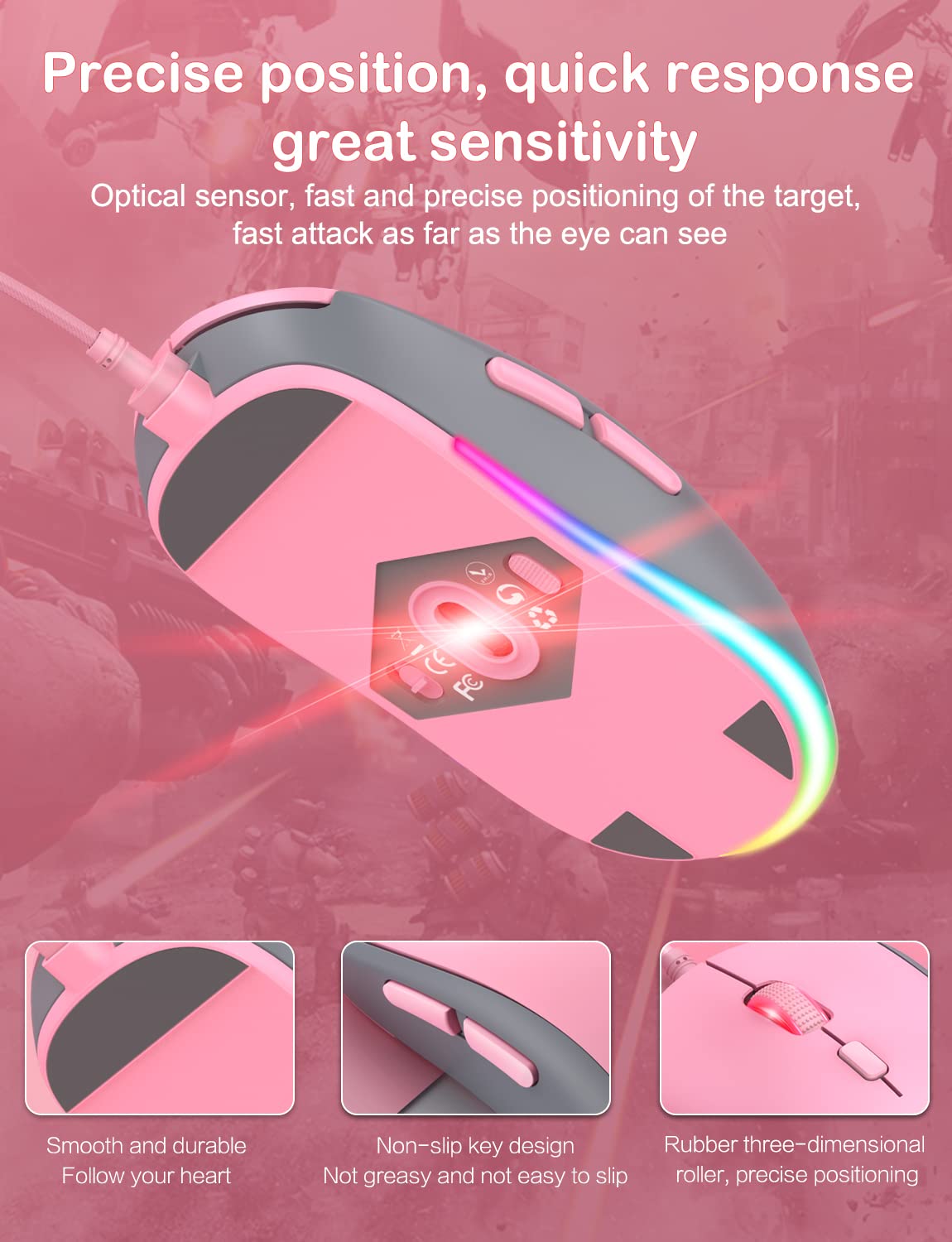 PHNIXGAM Cat Paw RGB Gaming Mouse, Silent Optical Computer Mice USB Wired with 6 Adjustable DPI Up to 7200, RGB Lighting, 6 Programmable Buttons for Windows/Vista/Linux (Pink)