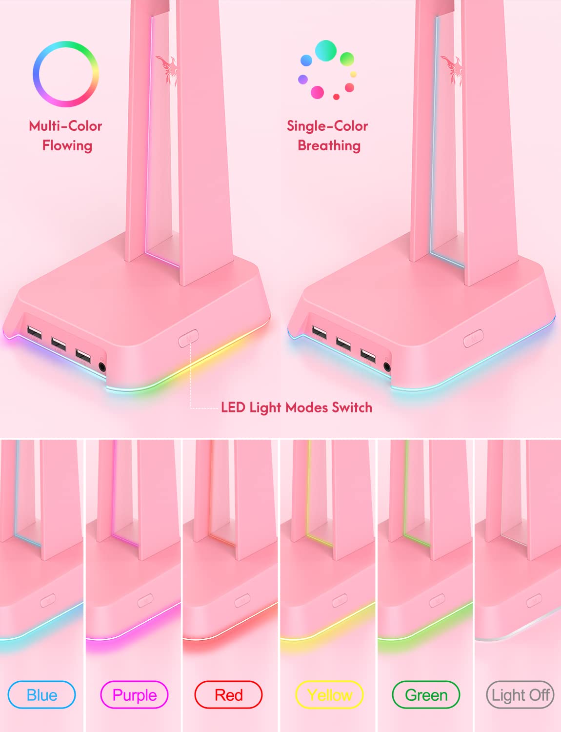 SOSISU RGB Headphones Stand with 3.5mm AUX and 3 USB 2.0 Ports, Gaming Headset Holder Hanger with Non-Slip Rubber Base for SOSISU Gaming Headset(Not Included), PC, Desktop (Pink)