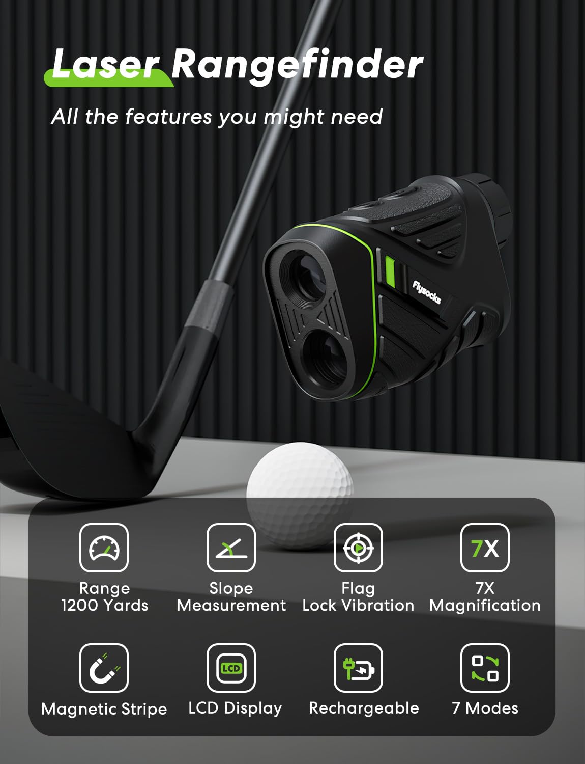 Flysocks Golf Rangefinder with Slope, 1200 Yards Laser Range Finder, 7X Magnification, USB Rechargeable, Golf Range Finder with Magnetic Stripe, Distance/Angle/Speed Measurement Golf Accessories