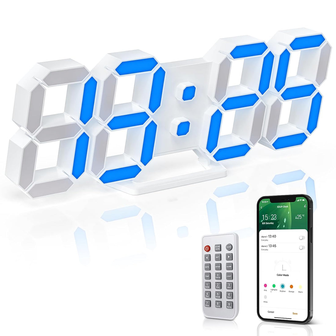 KWYDYP RGB 3D Digital Alarm Clock with 7 Colors, Time Sync, Upgraded APP/Remote Control, 9.7" LED Wall Clock Desk Clocks for Bedrooms, Timer/5-Level Brightness/Night Light/Time/Date/Temperature