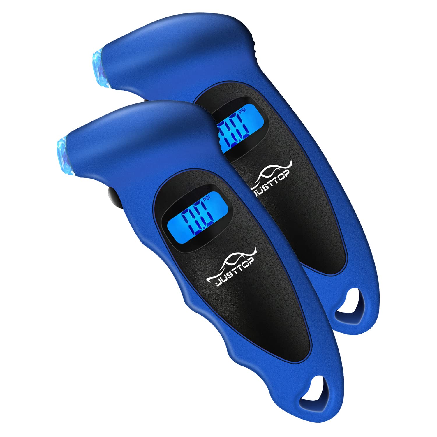 JUSTTOP 2 Pack Digital Tire Pressure Gauge, 150PSI 4 Setting for Cars, Trucks and Bicycles, Backlit LCD and Anti-Skid Grip for Easy and Accurate Reading(Blue)