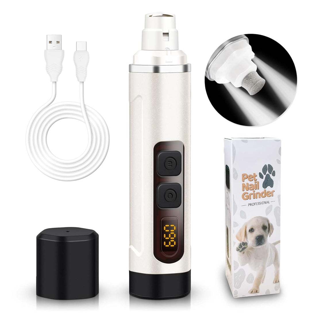 Pet Dog Nail Grinder: Upgraded WXY Cat Dog Nail Trimmers 10H Grinding Time | Dog Nail Clipper with 2 LED Lights Power Display | USB Rechargeable Pet Nail Clippers for Small Large Dogs Cats Breed Nails