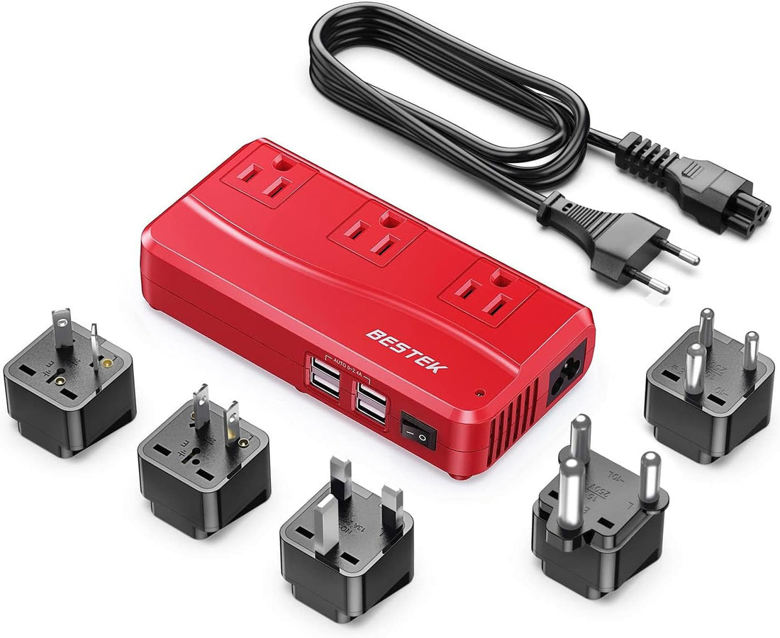 BESTEK International Power Adapter 250W, 220V to 110V Step Down Travel Voltage Converter with 4-Port USB Including US/AU/EU/UK//India/South Africa Plug Adapter (Red)