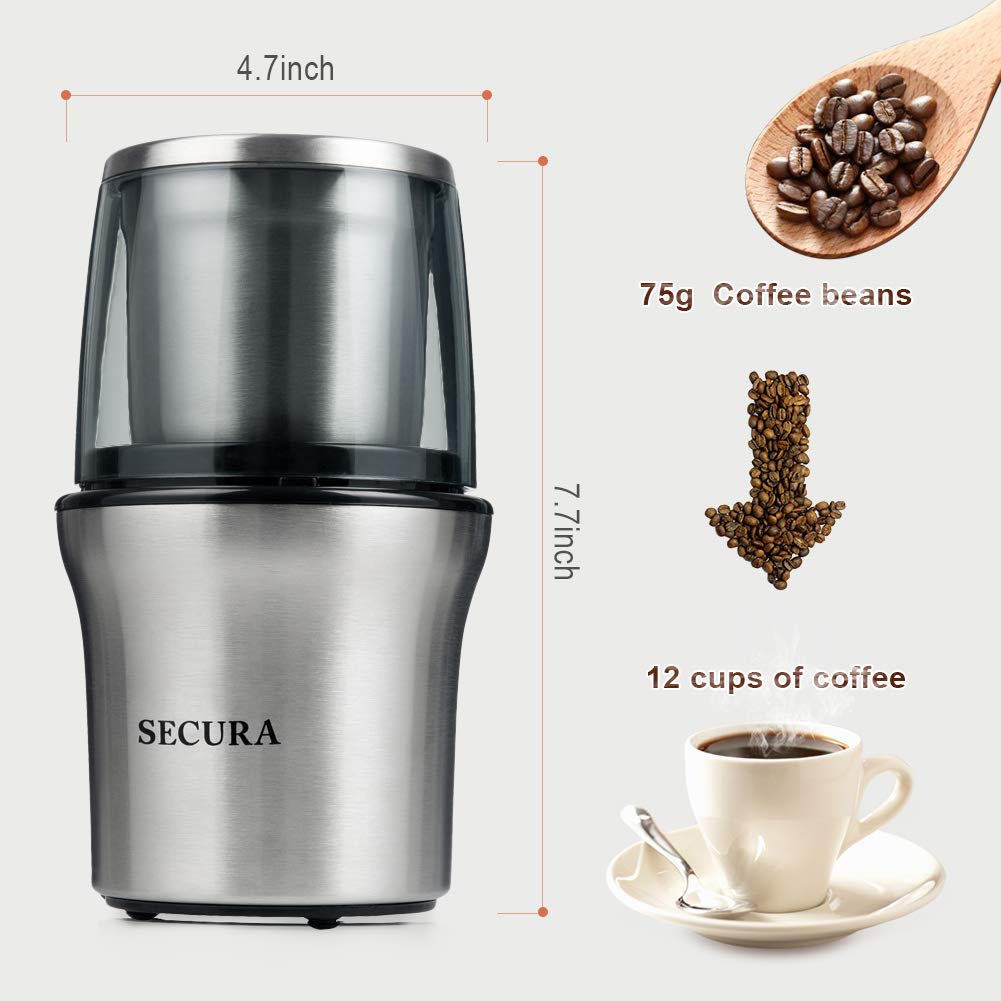 Secura Electric Coffee Grinder & Spice Grinder with 2 Stainless-Steel Blades Removable Bowl (2-Year)