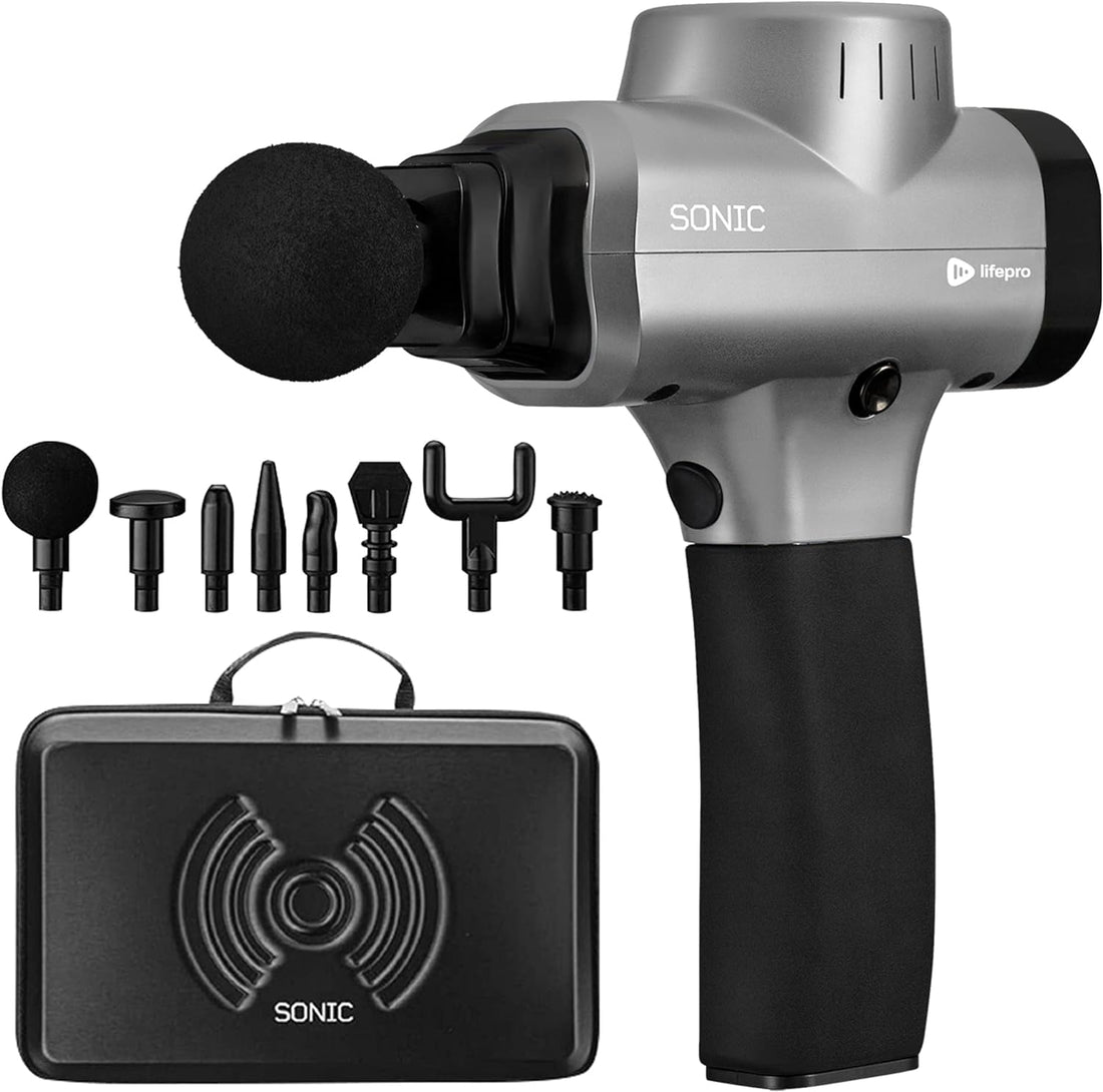 Sonic Handheld Percussion Massage Gun - Deep Tissue Massager for Sore Muscle and Stiffness - Quiet, 5 Speed High-Intensity Vibration - Quick Rechargeable Device - Includes 5 Massage Heads (Silver)