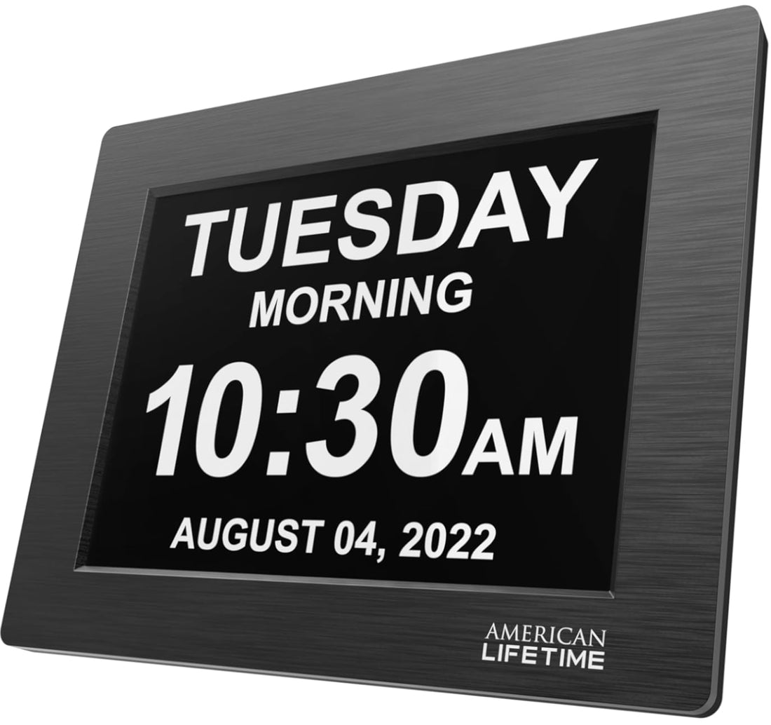 American Lifetime Version - Day Clock - Extra Large Impaired Vision Digital Clock with Battery Backup & 5 Alarm Options (Limited Edition Black Polished Metal Frame)