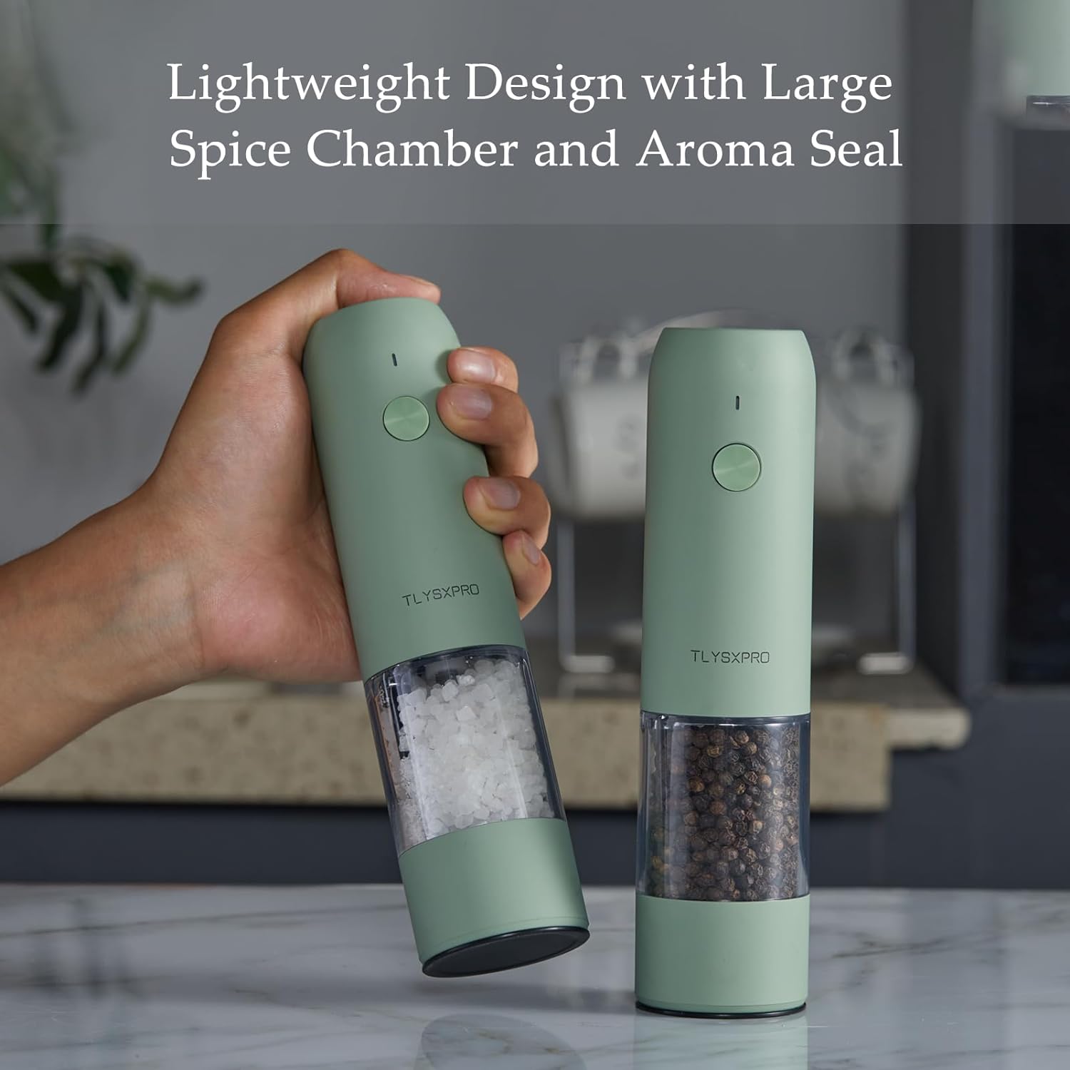 Electric Salt and Pepper Grinder Set, USB Rechargeable, Automatic Salt and Pepper Mill Grinder with Adjustable Coarseness, Electric Salt Shakers, LED Light, Refillable, Kitchen Gadgets (2 Packs, Sage)